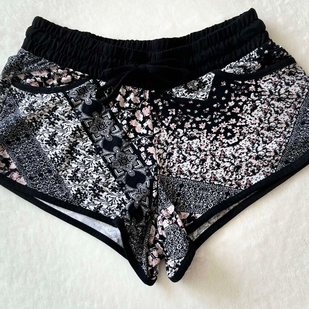 Women's Black & Colorful Floral Shorty Shorts with Pockets & Drawstring on Waist